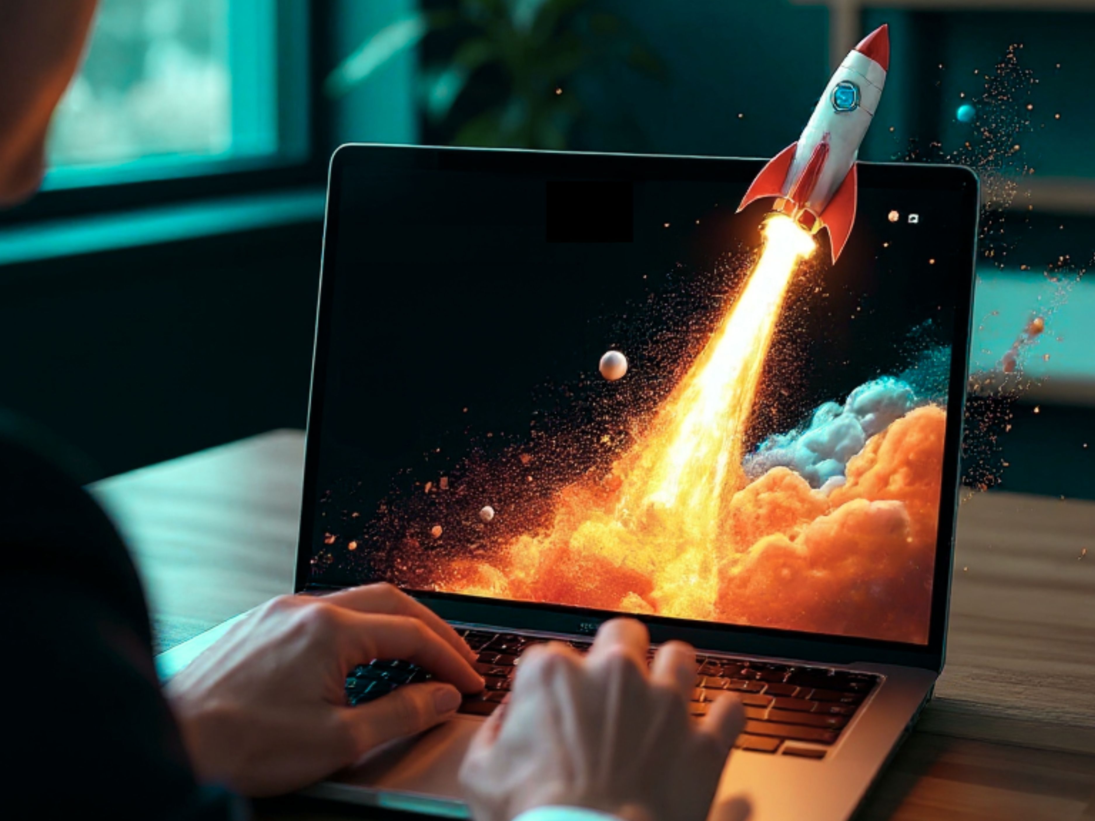 Illustration eines Laptops, aus dem eine Rakete in den Himmel startet – symbolisiert den digitalen Projektstart.