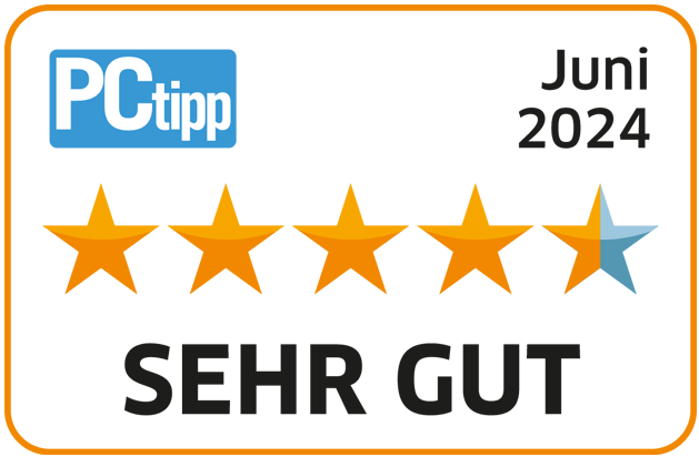 Label mit PCtipp Bewertung von 4.5 von 5 Sternen als sehr gut vom Juni 2024