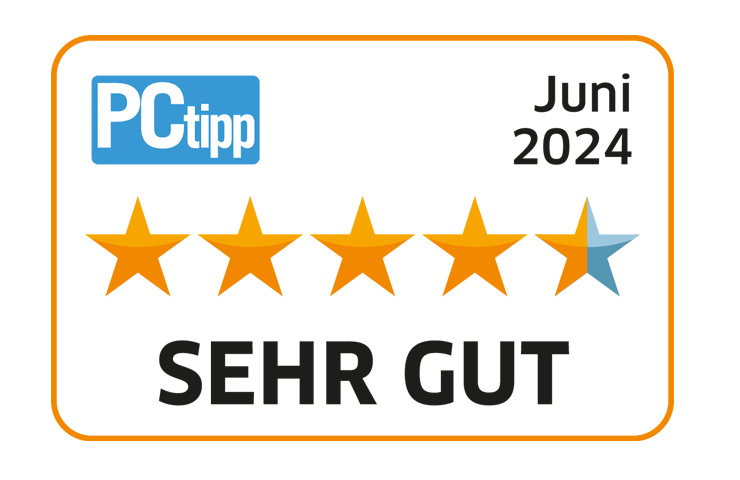 Label mit PCtipp Bewertung von 4.5 von 5 Sternen als sehr gut vom Juni 2024