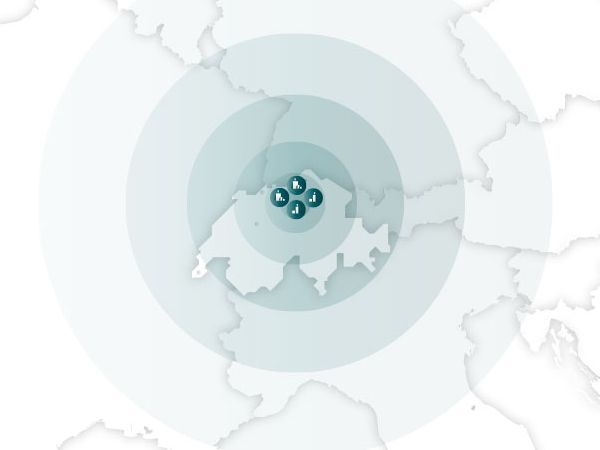 Karte Europas mit der Schweiz im Zentrum. Von dort ausgehende Kreise symbolisieren die wachsende Reichweite und Expansion in die umliegenden Länder.