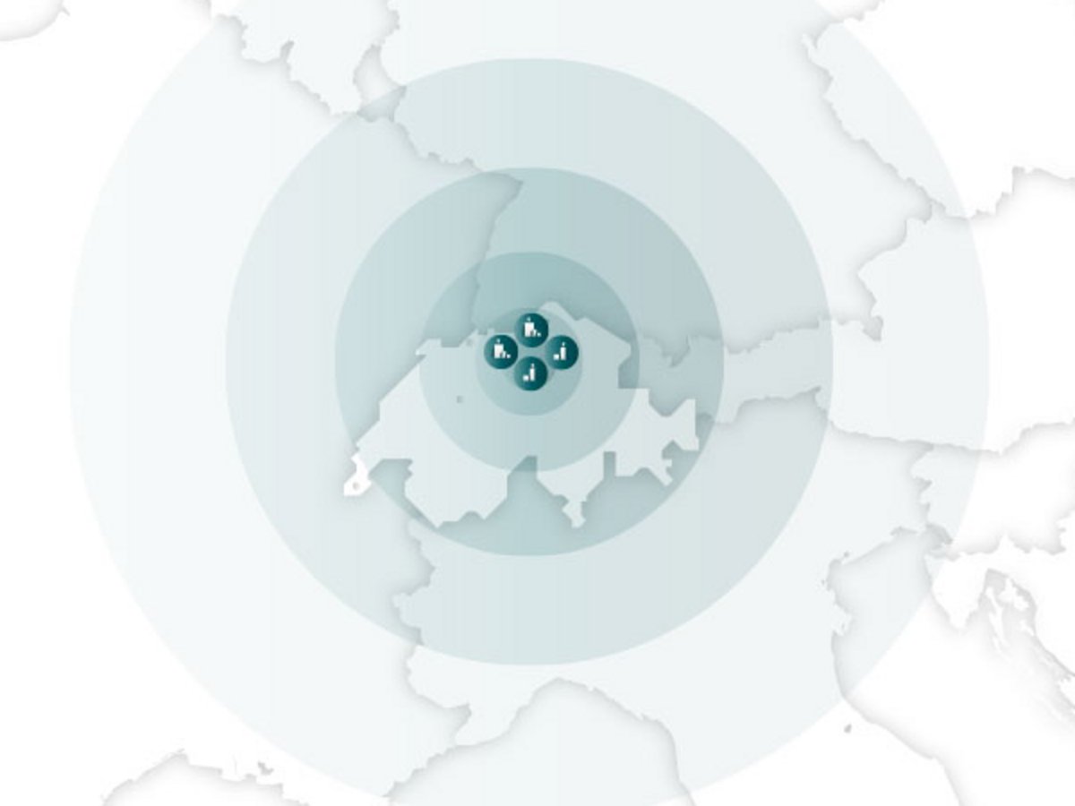 Map of Europe with Switzerland at the center. Expanding circles illustrate growing reach and expansion into neighboring countries.