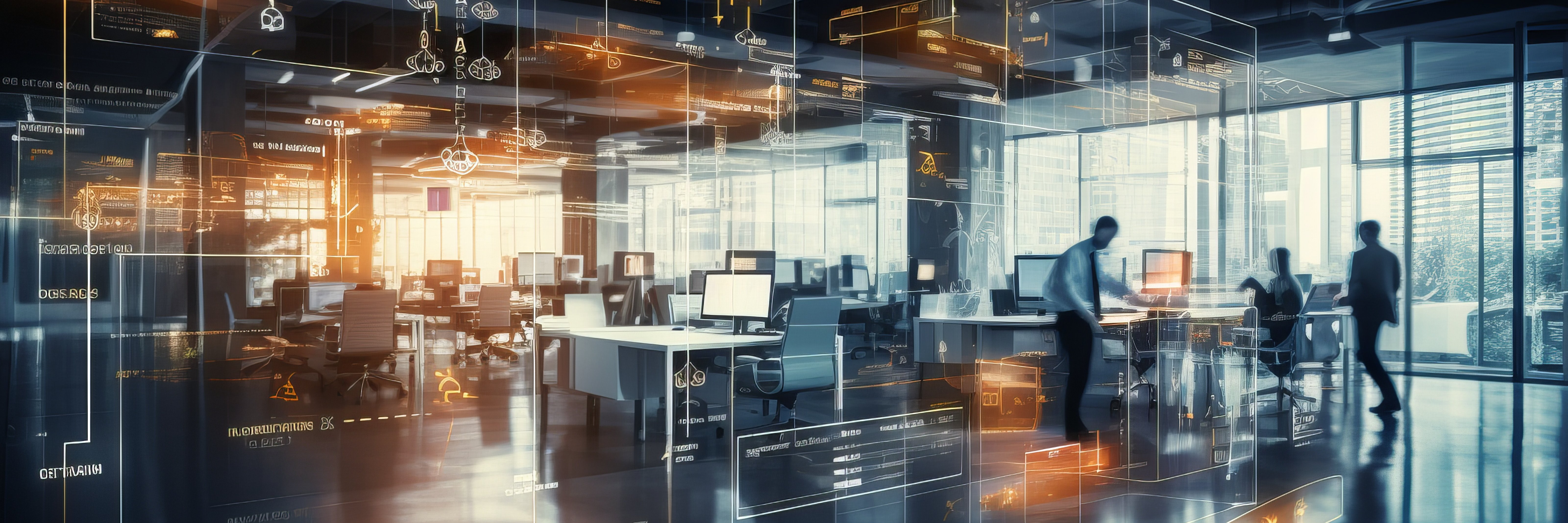 Modernes Büro mit mehreren Arbeitsplätzen und Menschen, überlagert von digitalen Grafiken und Datenvisualisierungen.
