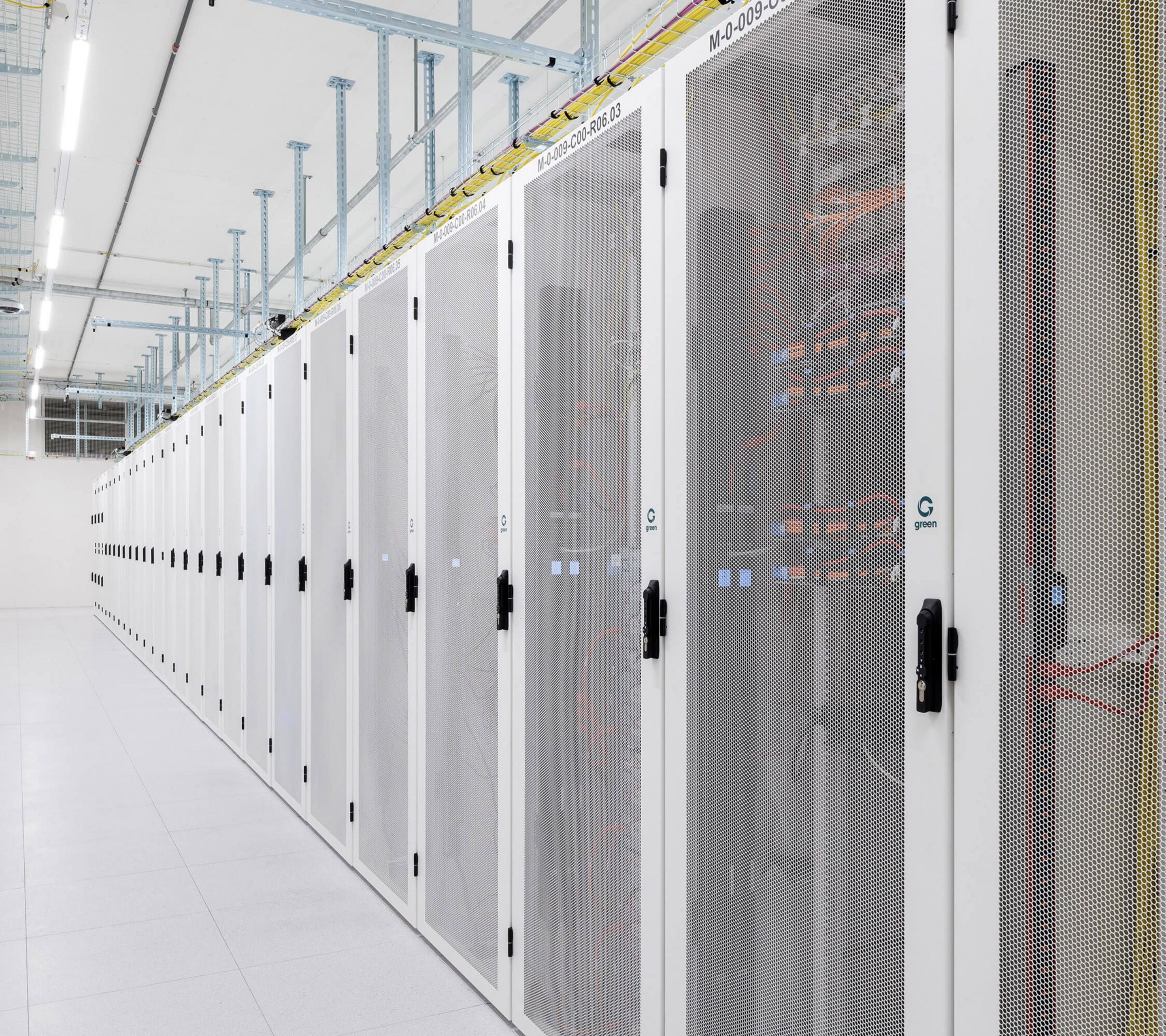 Green data center aisle with racks