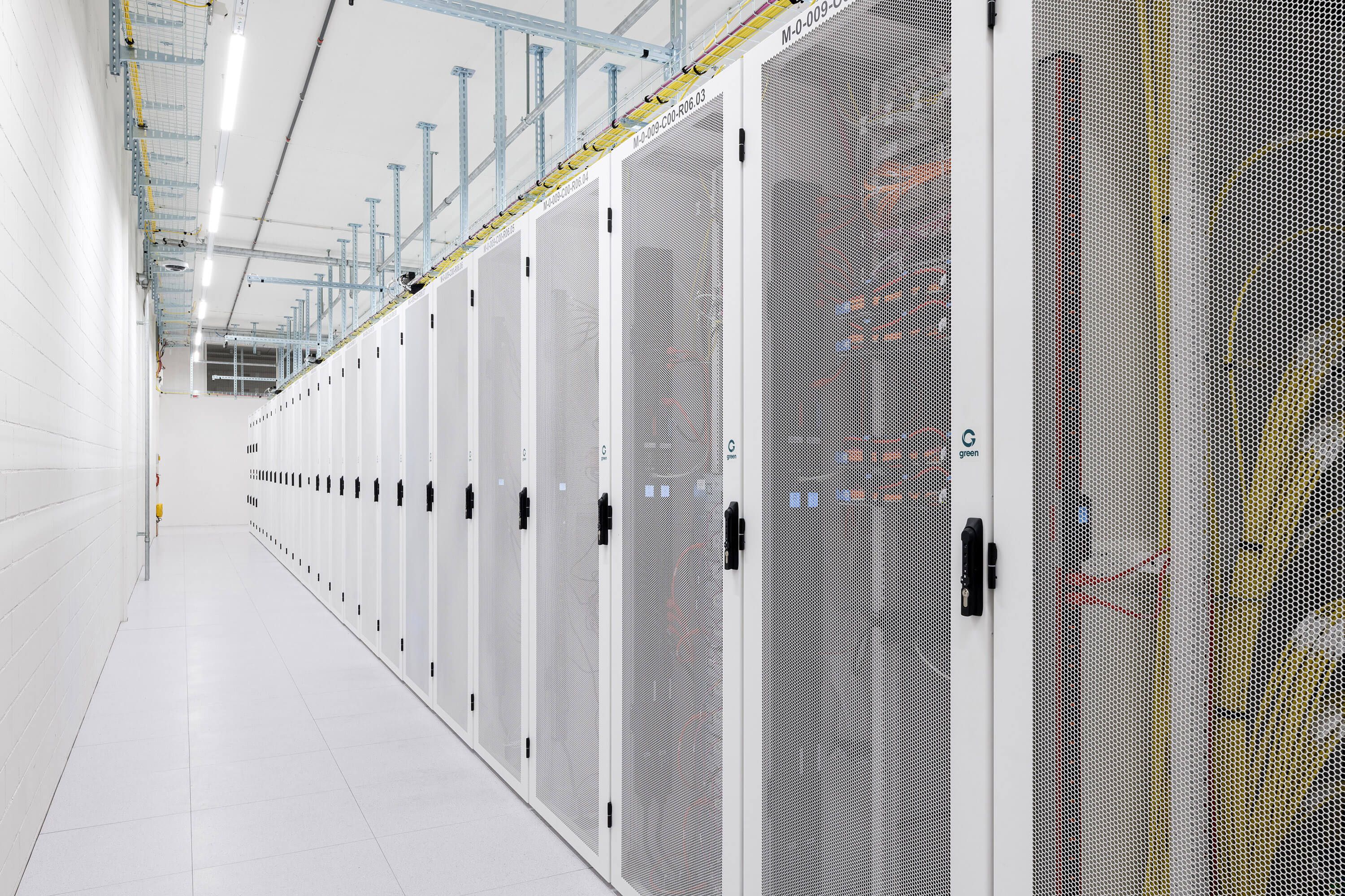 Green data center aisle with racks