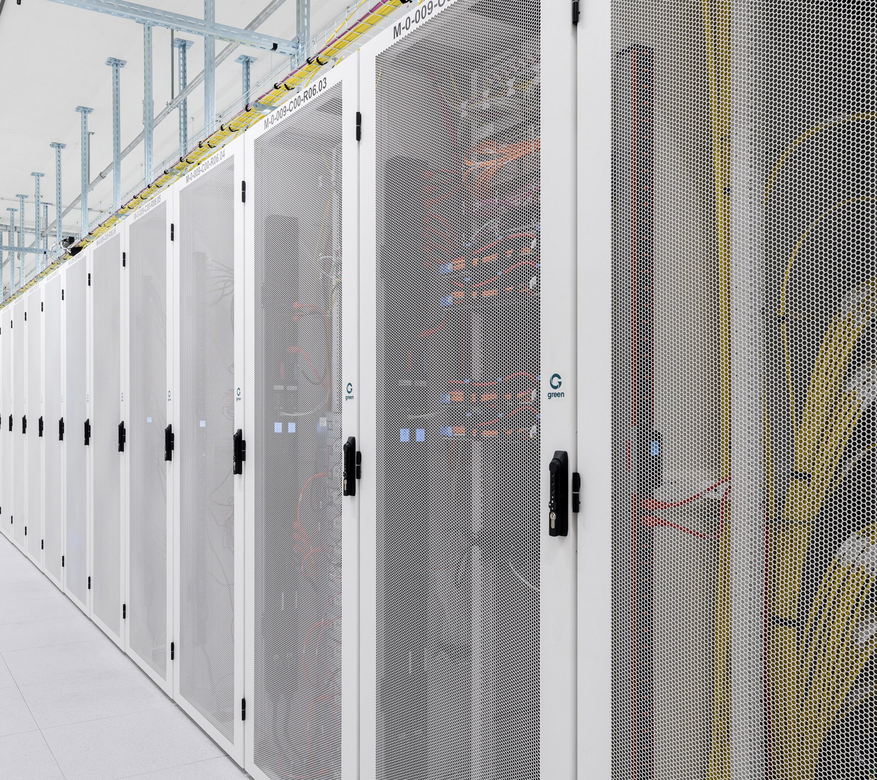 Green data center aisle with racks