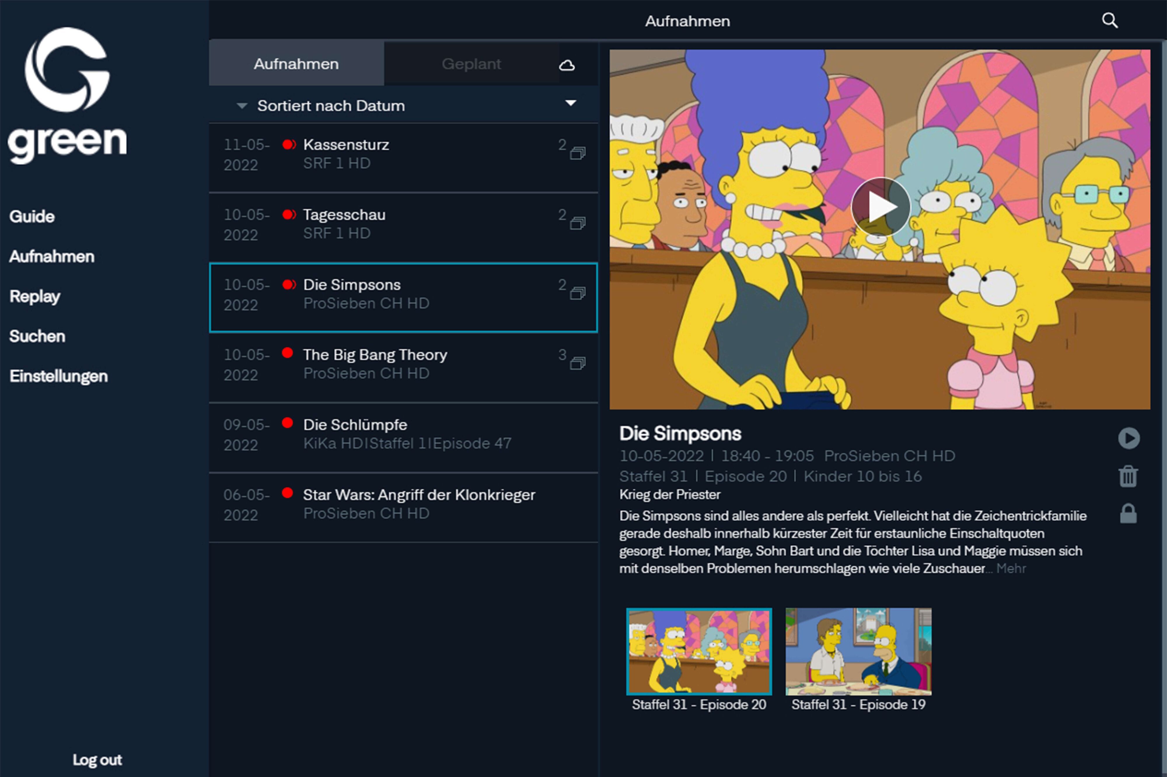 Screenshot showing the easy recording of programs with the TV subscription from Green