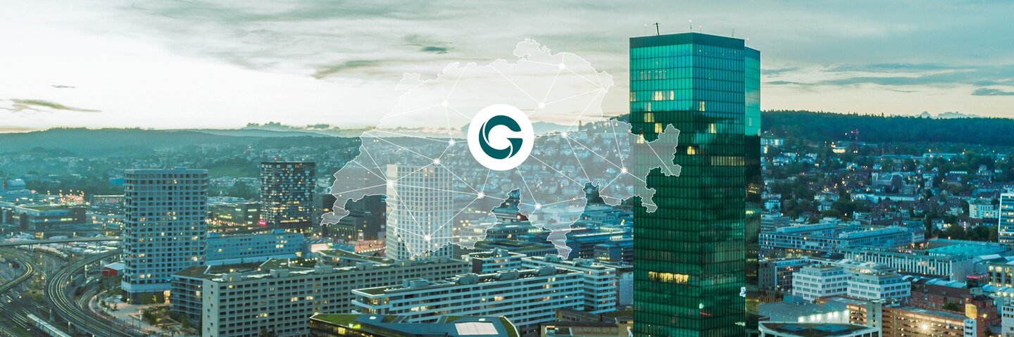 Panoramic view of Zurich with the church towers of Fraumünster and St. Peter in the foreground. Overlaid graphic lines and dots represent digital connectivity.