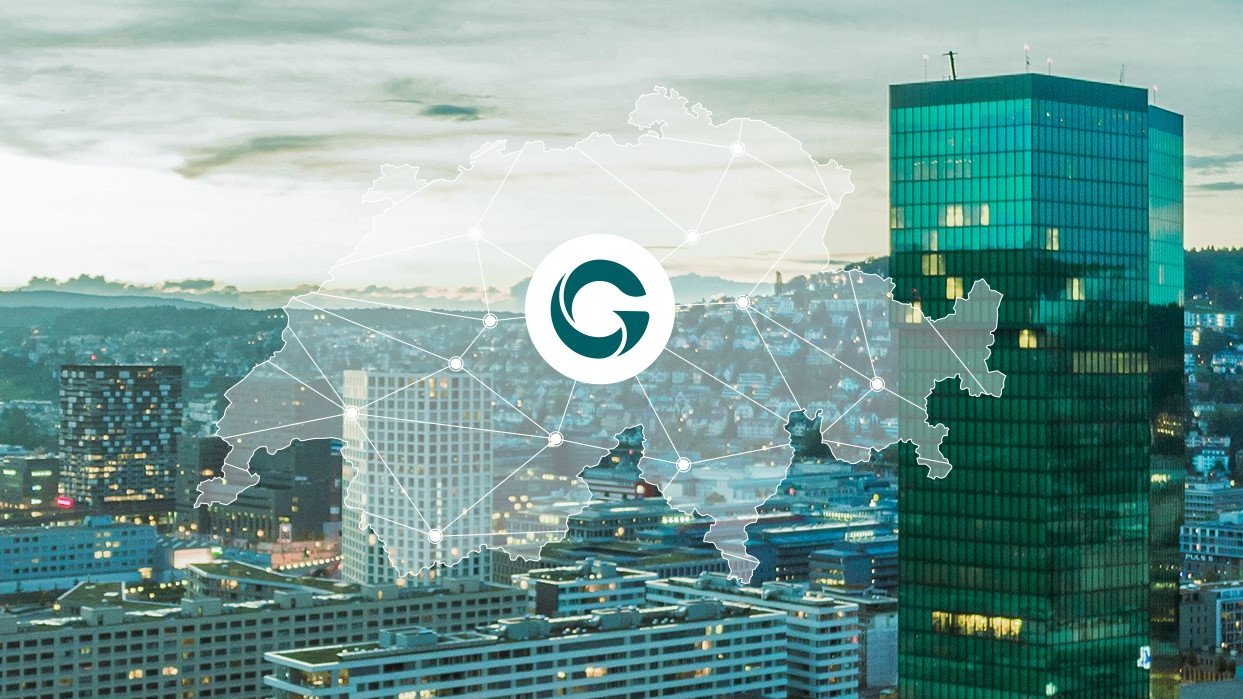 Panoramic view of Zurich with the church towers of Fraumünster and St. Peter in the foreground. Overlaid graphic lines and dots represent digital connectivity.