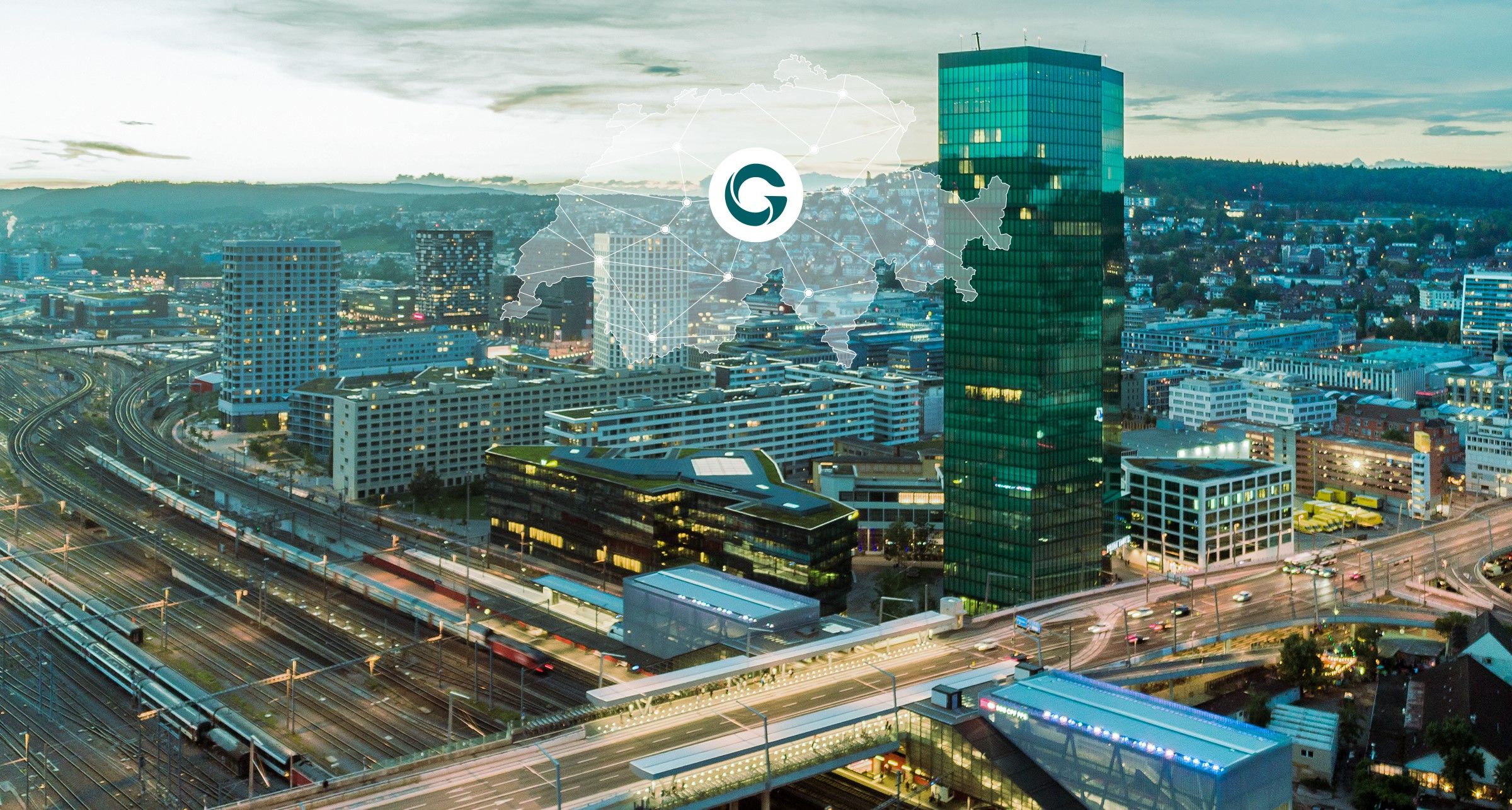 Panoramic view of Zurich with the church towers of Fraumünster and St. Peter in the foreground. Overlaid graphic lines and dots represent digital connectivity.