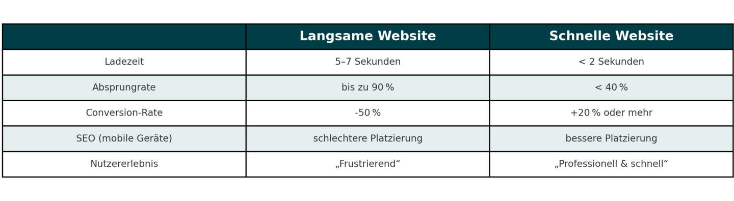 Tabelle mit Vergleich zwischen langsamer und schneller Website: Ladezeit, Absprungrate, Conversion-Rate, SEO auf mobilen Geräten und Nutzererlebnis