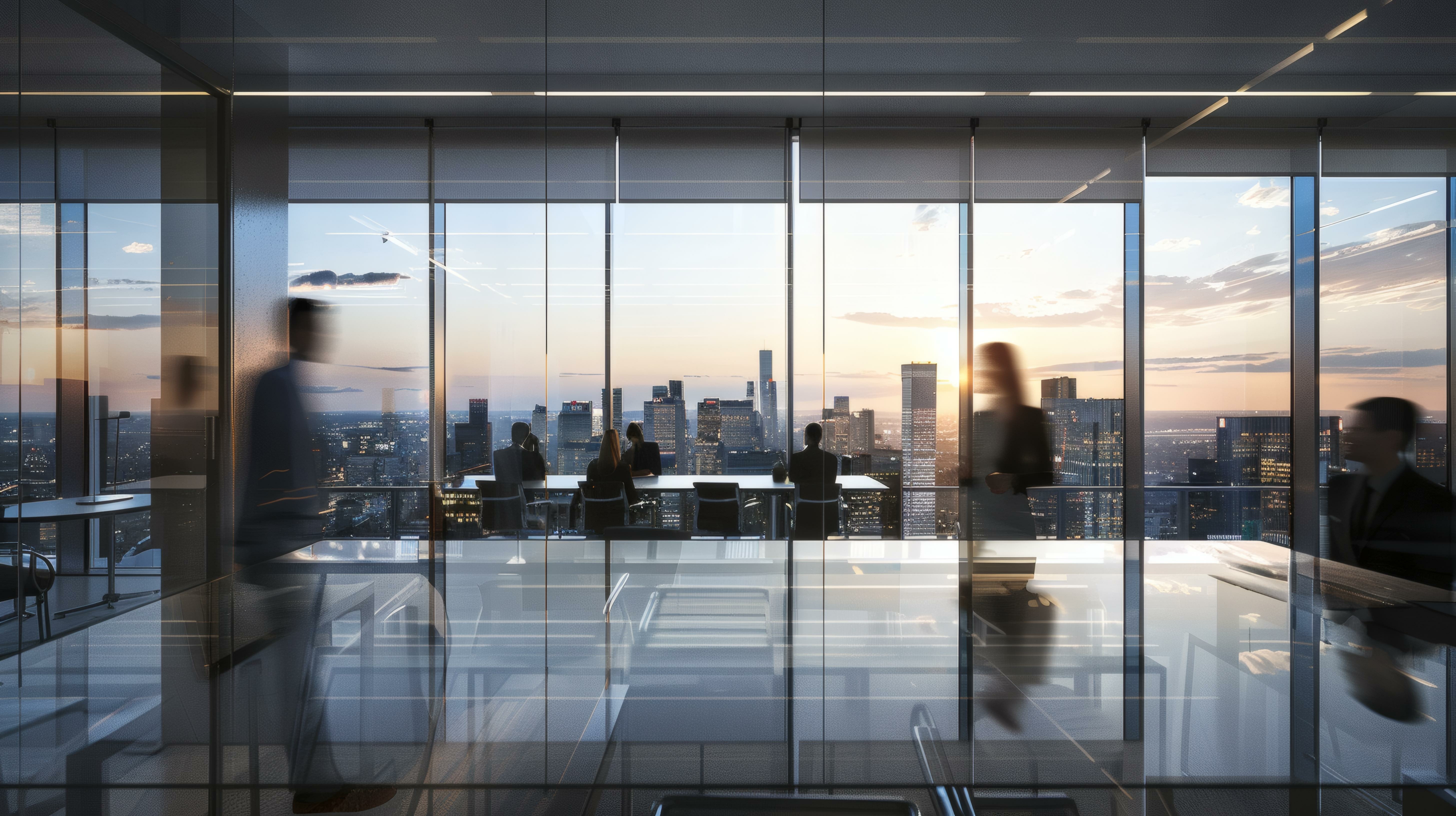 Mann im Hochhaus mit Skyline im Hintergrund und eine Gruppe in einem Meeting