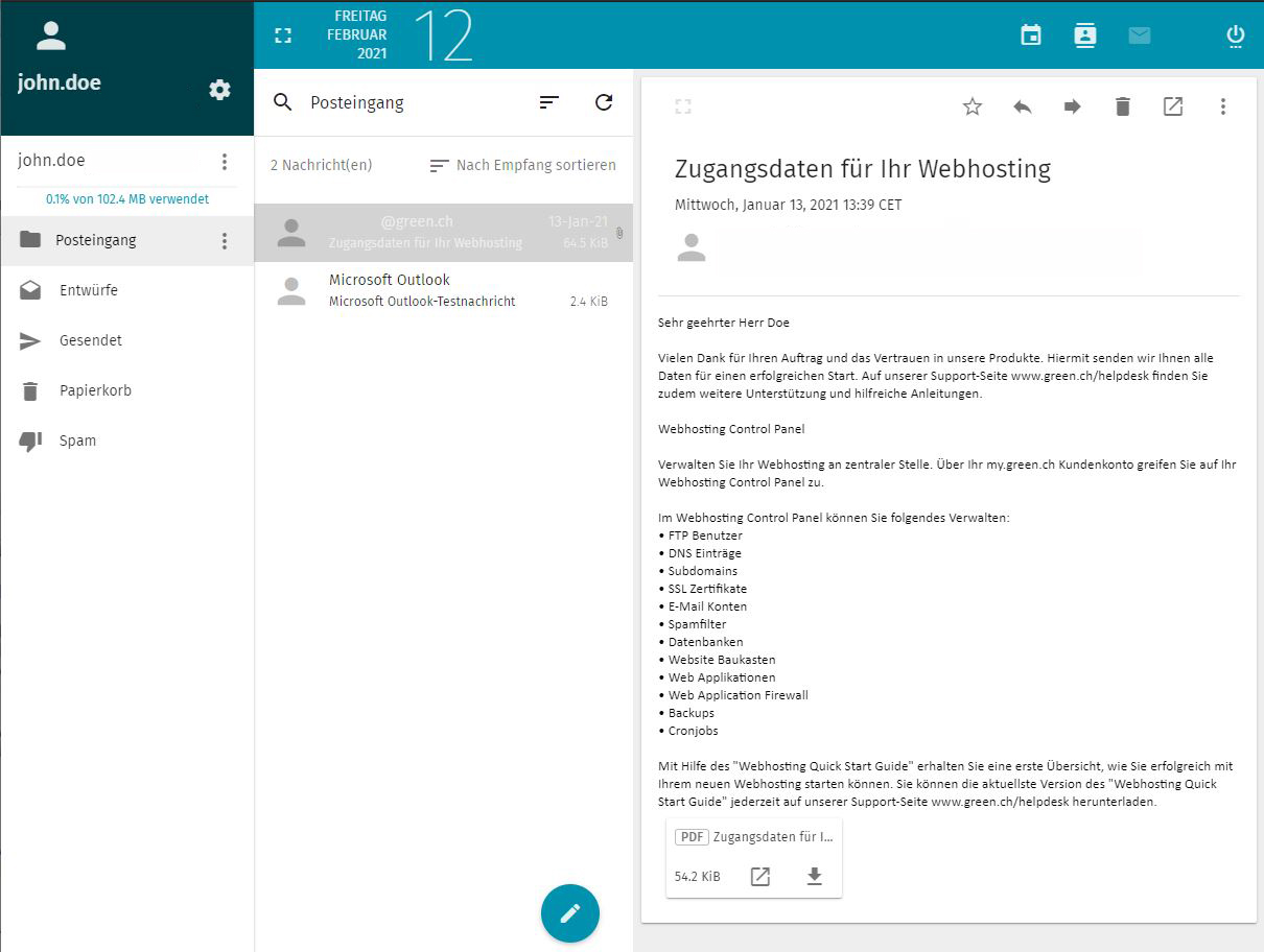 Responiver Webmailer von Green.ch