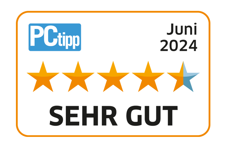 Label mit PCtipp Bewertung von 4.5 von 5 Sternen als sehr gut vom Juni 2024