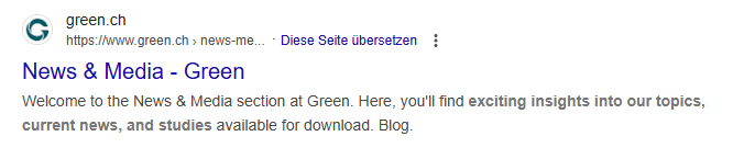 Screenshot of an organic search result with title tag and meta description